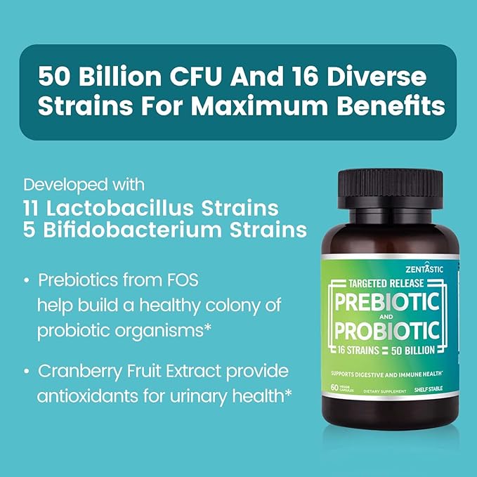 Zentastic Probiotics & Prebiotics Supplement - 50 Billion CFU - for Men & Women’s Immune & Digestive Health - 16 Strains - Shelf Stable - 120 Delayed Release Veggie Capsules