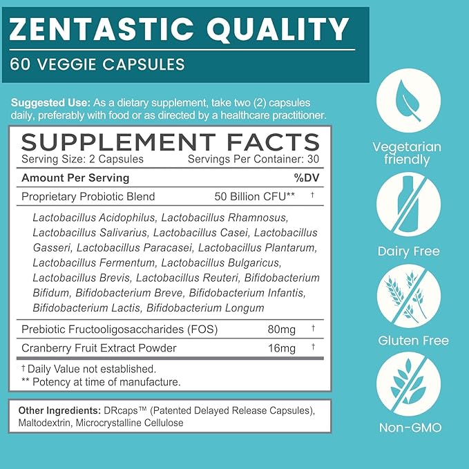 Zentastic Probiotics & Prebiotics Supplement - 50 Billion CFU - for Men & Women’s Immune & Digestive Health - 16 Strains - Shelf Stable - 120 Delayed Release Veggie Capsules