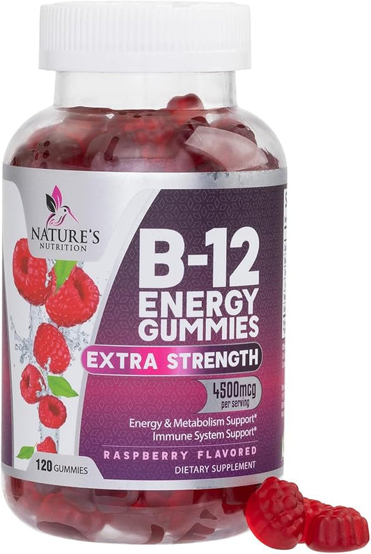 Vitamin B12 Energy Gummies - Extra Strength 4500mcg Chewable for Energy & Nervous System Health Support, B-12 Complex Gummy Vitamin for Women, Men, Kids - Non-GMO, Vegan, Berry Flavor - 120 Gummies