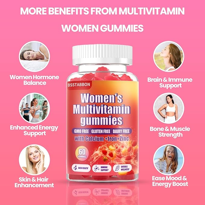 Women's Multivitamin Gummies Peach Flavor, Contains 6 Essential Vitamins (Vitamin A,B6,B12,C, D, E) and Multiple Mineral Values for Skin, Hair, Energy, Immune(60 Gummies) (60 Count)