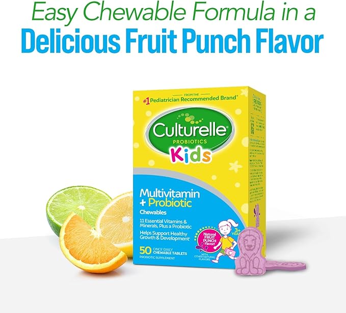 Culturelle Kids Complete Chewable Multivitamin + Probiotic For Kids, Ages 3+, 50 Count, Digestive Health, Oral Health & Immune Support - With 11 Vitamins & Minerals, including Vitamin C, D3 & Zinc