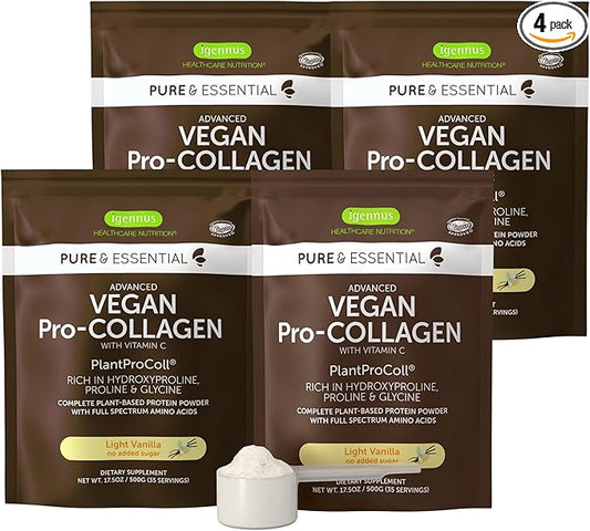 Advanced Vegan Vanilla Collagen Peptide Powder, Enhanced with Glycine, Proline & Hydroxyproline & Cofactor Vitamin C, Non GMO, Vegetarian Plant Based Collagen Powder Booster, 140 Servings, by Igennus