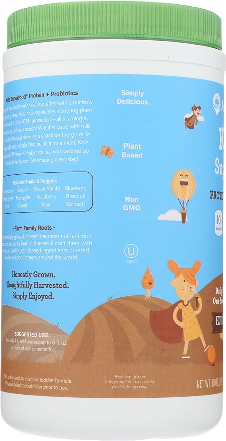 Amazing Grass Kidz Superfood: Vegan Protein & Probiotics for Kids with Beet Root Powder & 1/2 Cup of Leafy Greens, Extreme Chocolate, 15 Servings