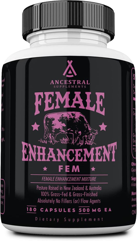 Ancestral Supplements Grass Fed FEM Liver Supplement for Women with Collagen, CoQ10, Vitamin B12, Joint Support Bone Marrow Capsules for Energy, Immunity, Pasture Raised, NonGMO, 500mg Each, 180 Count