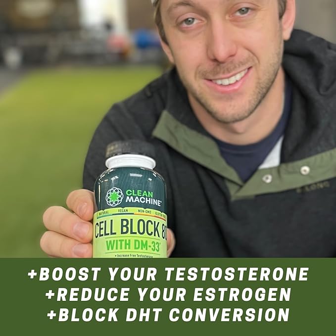 CLEAN MACHINE Cell Block 80 - Natural Vegan Testosterone Support Supplement, Estrogen, DHT & Cortisol Blocker - Prostate Health Supplement with KSM66 Ashwagandha - 60 Veggie caps