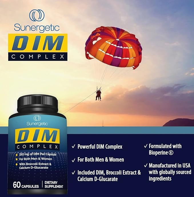 Sunergetic Premium DIM Supplement– 150mg DIM (diindolylmethane), Broccoli, Calcium D-Glucarate & Bioperine- DIM Capsules for Men & Women–DIM Complex for Menopause Support & Balance - 60 DIM Capsules