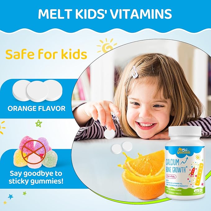 500 MG Calcium Supplement with Vitamin D3 & K2, Zinc, Magnesium & Prebiotics. Kids Vitamins for Kids' Height. Bone Strength, High Absorption, Orange Chewables, Non-GMO, Gluten Free, 60 Tabs