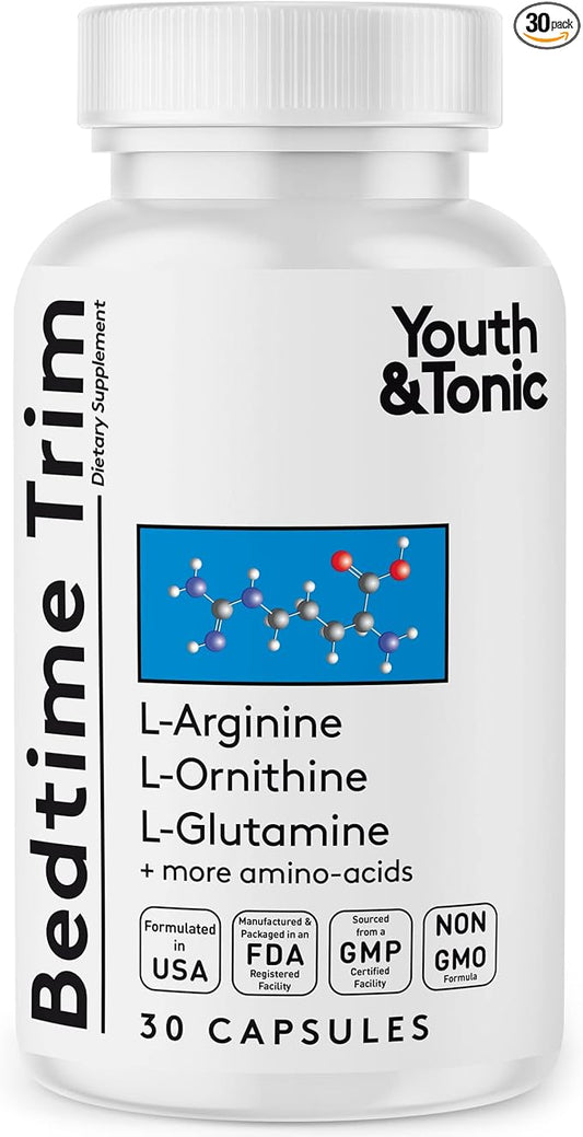 Youth & Tonic PM Bedtime Trim Amino Acids Supplement Pills for Men and Women | 30 Capsules to Support Metabolism and Defined Lean Muscles During Night Time