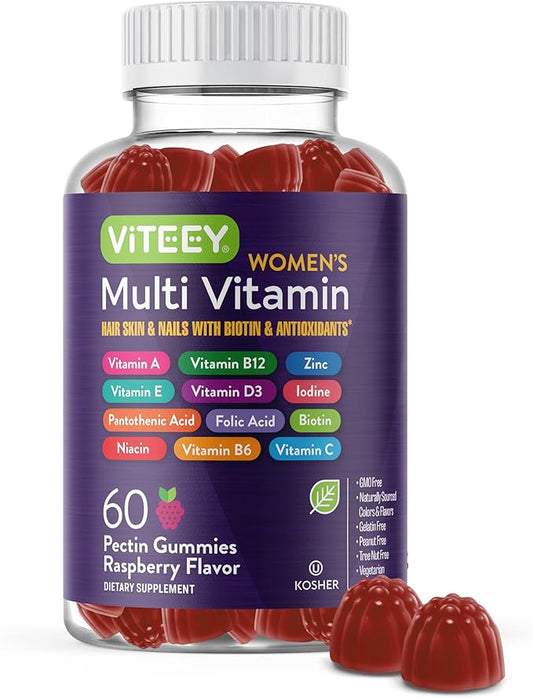 Womens Multivitamin Gummies - Immune Support - 12 in 1 Essential Daily Vitamins & Minerals - Vitamin A, C, D3, E, B6, B12, Folic Acid, Biotin, Calcium, Zinc & More - Vegetarian - Raspberry Flavored