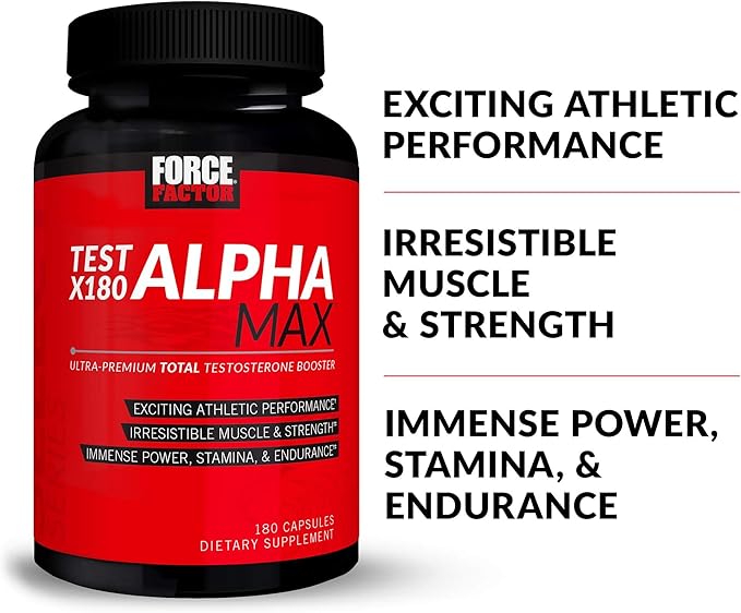FORCE FACTOR Test X180 Alpha Max Total Testosterone and Nitric Oxide Booster for Men with Fenugreek Seed and Tribulus to Increase Blood Flow and Improve Male Athletic Performance, 180 Capsules