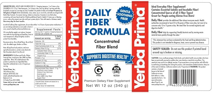 Yerba Prima Daily Fiber Formula 12 oz (3 Pack) - Soluble & Insoluble Dietary Fiber Supplement - Colon Health - Vegan, Non-GMO, Gluten-Free