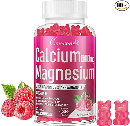 Calcium Magnesium Zinc Gummies Sugar-Free with Vitamin D3 B6 B12,High Absorption Calcium Magnesium Supplement,Bone, Muscles,Calm Mood,Sleep Support for Kids adults,90 Count Vegan Raspberry Flavor