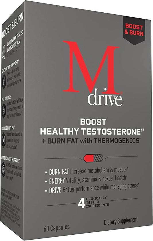 Mdrive Boost and Burn Testosterone Booster and Fat Burner for Men, Energy, Strength, Stress Relief, KSM-66 Ashwagandha, Advantra Z, Chromax, 60 Capsules
