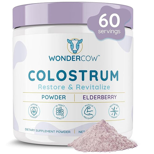 WONDERCOW Colostrum Supplement Powder for Gut Health, Immune Support, Muscle Recovery & Wellness | Natural IgG Pure Whole Bovine Colostrum Superfood, Elderberry, 60 Servings