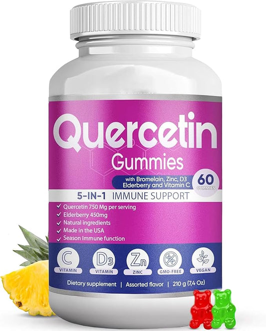 BIO VITALICA Quercetin Gummies by BioVitalica - Quercetin with Bromelain Vitamin C and Zinc & Elderberry + Vitamin D3-5 in 1 Immune Support - Zinc Quercetin 750 mg for Kids and Adults (1)
