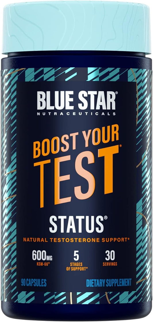 Blue Star Nutraceuticals Status - Testosterone Booster for Men - w/KSM 66 Ashwagandha - Invigorate Stamina, Muscle Growth & Energy | Natural Test Booster Support - 90 Veggie Capsules