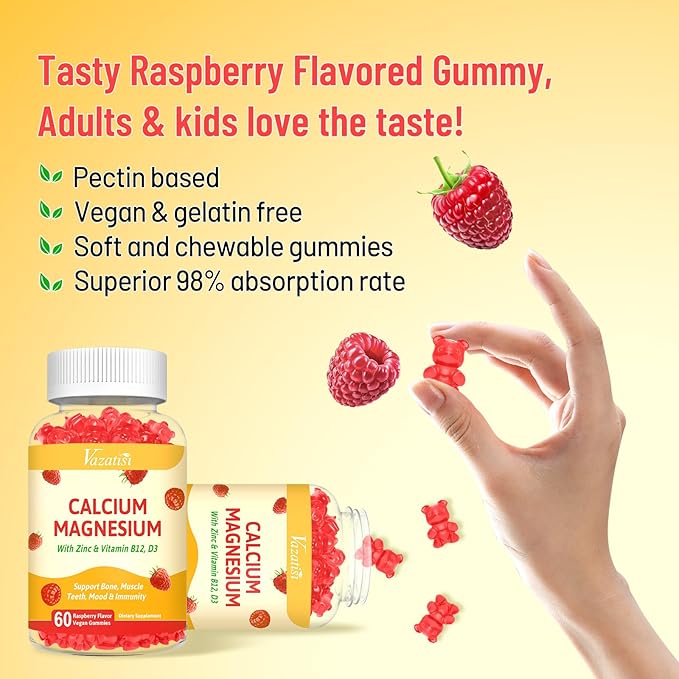 2 Pack Calcium Gummies with Magnesium, Zinc, Vitamin D3 & B12, Calcium Supplements for Women Men, Support Bone, Muscle and Immunity, 120 Vegan Raspberry Flavor Gummies