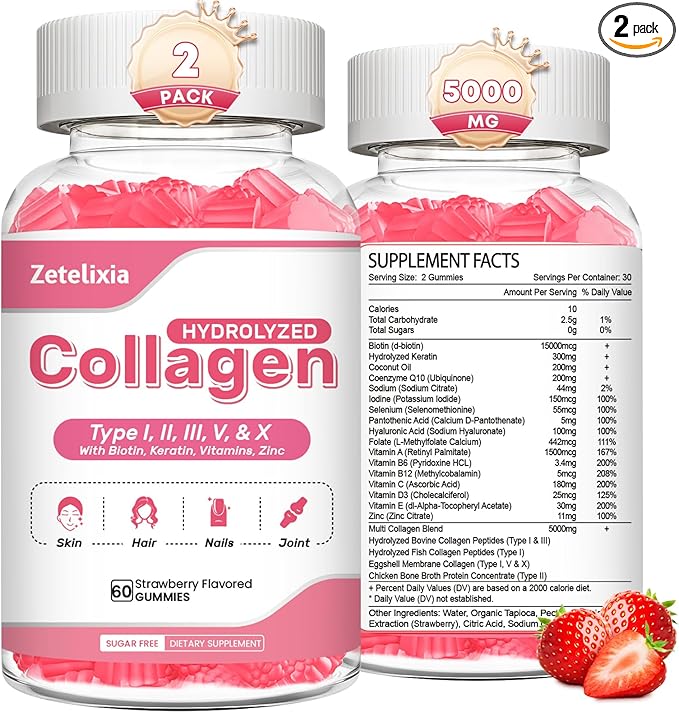2 Pack Sugar Free Collagen Gummies for Women Men, 5000mg Hydrolyzed Collagen Peptide I,II,III,V,X with 15000mcg Biotin, Keratin, Vitamin C A B D E for Skin Hair Nails Joints, Immunity Energy Digestion