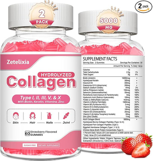 2 Pack Sugar Free Collagen Gummies for Women Men, 5000mg Hydrolyzed Collagen Peptide I,II,III,V,X with 15000mcg Biotin, Keratin, Vitamin C A B D E for Skin Hair Nails Joints, Immunity Energy Digestion