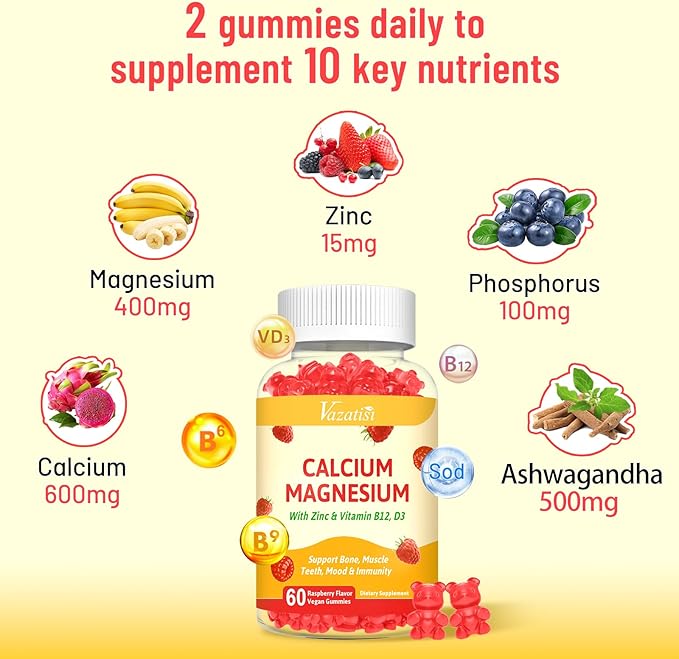 2 Pack Calcium Gummies with Magnesium, Zinc, Vitamin D3 & B12, Calcium Supplements for Women Men, Support Bone, Muscle and Immunity, 120 Vegan Raspberry Flavor Gummies