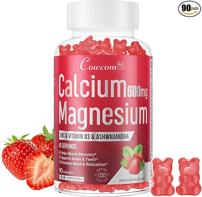 Calcium Magnesium Zinc Gummies Sugar-Free with Vitamin D3 B6 B12,High Absorption Calcium Magnesium Supplement,Bone, Muscles,Calm Mood,Sleep Support for Kids adults,90 Count Vegan Strawberry Flavor