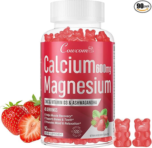 Calcium Magnesium Zinc Gummies Sugar-Free with Vitamin D3 B6 B12,High Absorption Calcium Magnesium Supplement,Bone, Muscles,Calm Mood,Sleep Support for Kids adults,90 Count Vegan Strawberry Flavor