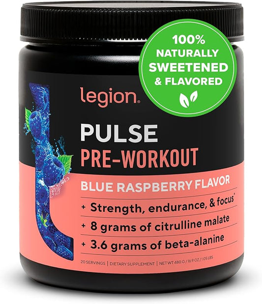 LEGION- All Natural Nitric Oxide Preworkout Drink to Boost Energy, Creatine Free, Naturally Sweetened, Beta Alanine, Citrulline, Alpha GPC (Blue Raspberry)