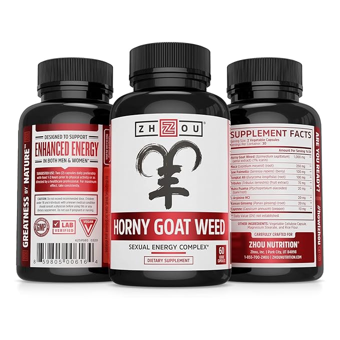 Zhou Premium Horny Goat Weed Extract with Maca & Tribulus | Enhanced Energy Complex for Men & Women | 30 Servings, 60 Veggie Capsules