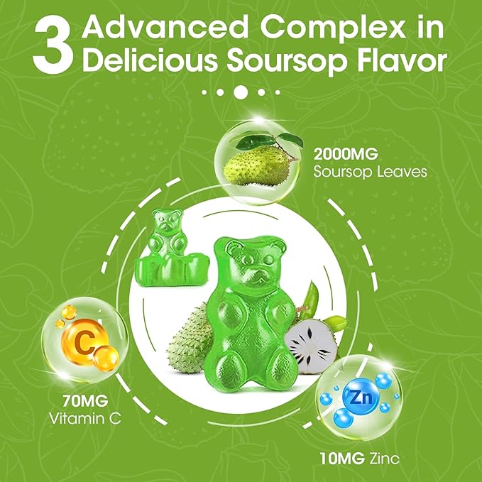 2000mg Natural Soursop Graviola Gummies Supplement, Original Soursop Leaves Extract with Vitamins C & Zinc for Women & Men, Multivitamin Soursop Fruit Supplement for Immunity & Antioxidant & Energy