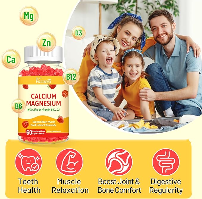 2 Pack Calcium Gummies with Magnesium, Zinc, Vitamin D3 & B12, Calcium Supplements for Women Men, Support Bone, Muscle and Immunity, 120 Vegan Raspberry Flavor Gummies