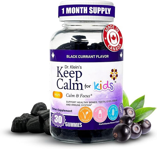 Dr. Klein's Keep Calm Kids Gummies L-Theanine & Chamomile Extract - Supports Focus, Attention, & Alertness of Kids Ages 5+ - Calming Chews Vitamins & Minerals for Kids - Black Currant Sugar-Free 30ct