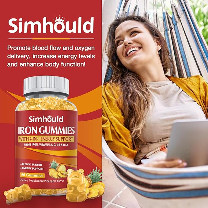 2 Pack Vegan 80MG Iron Supplement Gummies for Women & Men - Vitamin A, C, B for Adults & Kids - Blood Builder & Energy Support for Iron Deficiency, Anemia, 120 Counts Pineapple Flavor Gummies