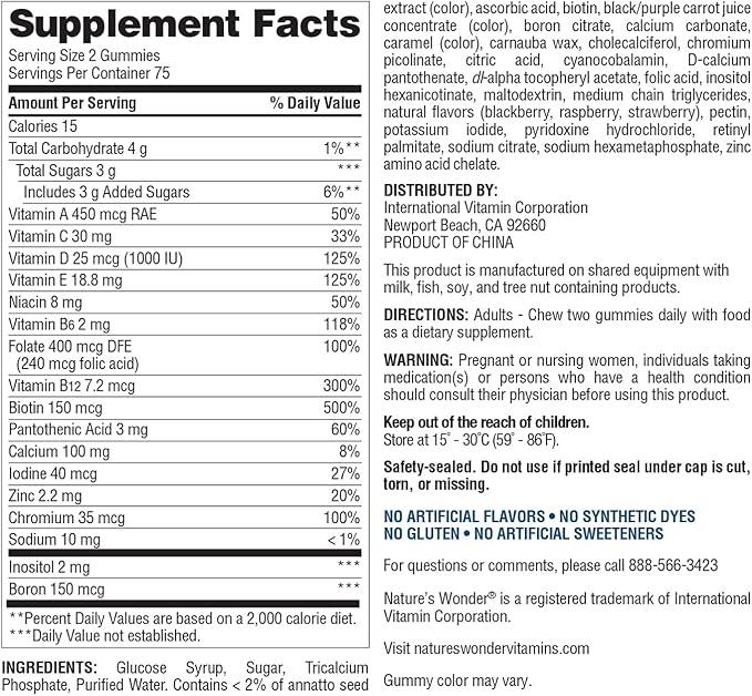 Nature's Wonder Women's Multivitamin Gummies, Supports Energy, Metabolism, Bone and Immune System Health with Vitamins A,C,D,B6, B12, Biotin, Folic Acid, 75 Day Supply, 150 Count