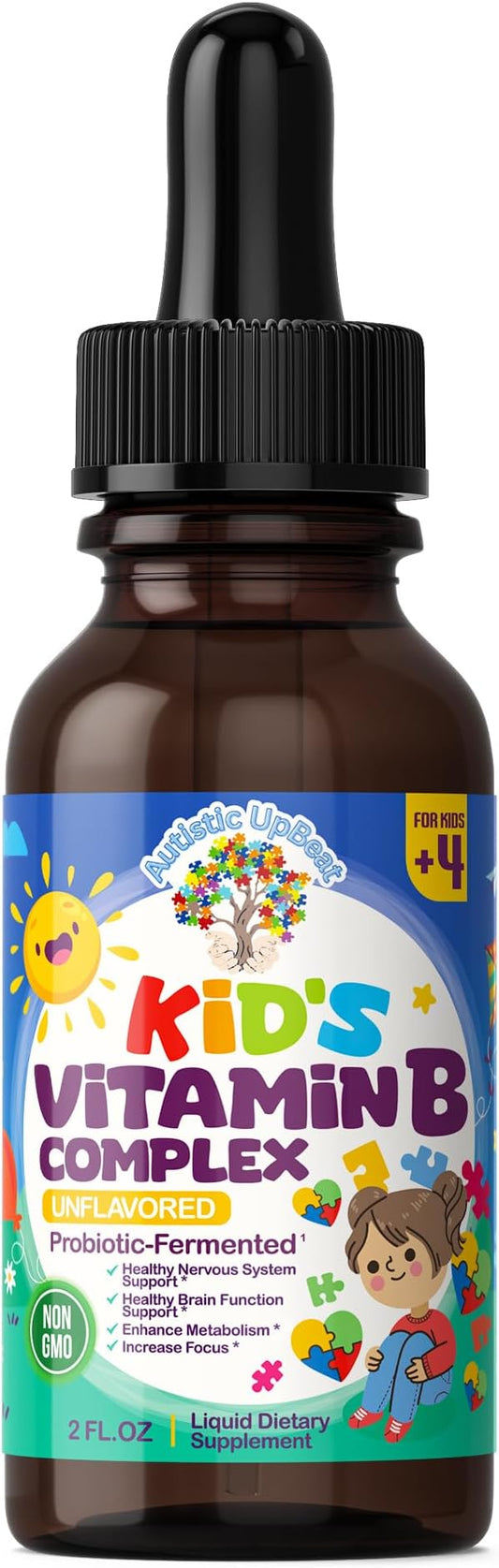 Autistic UpBeat: Kid's Vitamin B Complex | Kid-Friendly Drops | Unlfavored | B1, B2, B3, B6, B7, B9 & Methyl B12 | Brain Function, Focus, Metabolism | Kids B Complex Liquid Drops Supplement