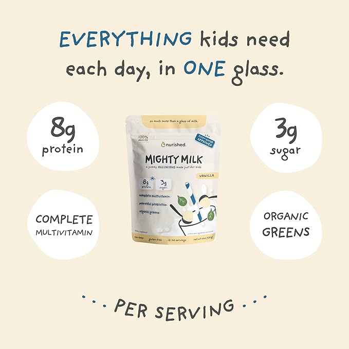 Vanilla Mighty Milk - Kids All-in-One Daily Protein Powder & Multivitamin Boosted with 2 Billion Probiotics & Organic Spinach - Natural Flavors, Colors & Sweeteners - 15-30 Servings