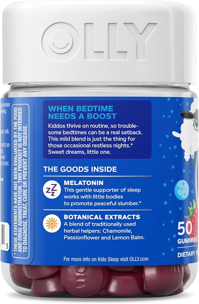 OLLY Kids Sleep Gummy, Occasional Sleep Support, 0.5mg Melatonin, L Theanine, Chamomile, and Lemon Balm, Childrens Chewable Supplement, Raspberry - 50 Count