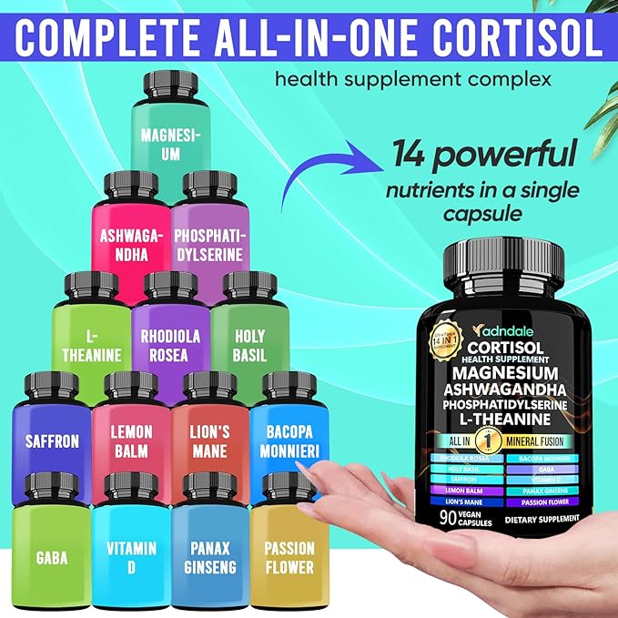 14-in-1 Cortisol Health Supplement with Ashwagandha, Magnesium Glycinate, Rhodiola, L-Theanine, Holy Basil & More. Cortisol Supplements for Women Support Stress Management & Stamina. 90 Capsules.