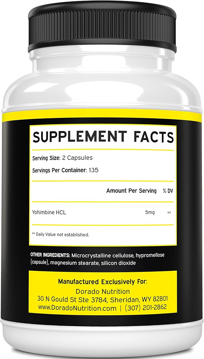 Yohimbine HCL 5mg For Men and Women (270 Capsules) - More Potent Than Yohimbe Bark Extract - Gluten Free & Non-GMO - USA Made - Quality Guarantee - Third Party Tested for Potency & Purity