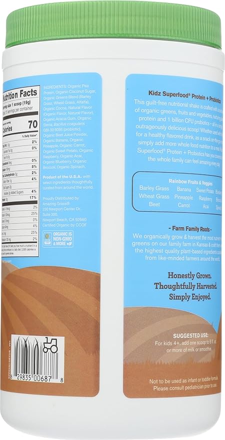 Amazing Grass Kidz Superfood: Vegan Protein & Probiotics for Kids with Beet Root Powder & 1/2 Cup of Leafy Greens, Extreme Chocolate, 15 Servings