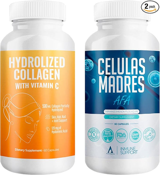 Aura Vitamin Mega Antioxidant Bundle | Hydrolyzed Collagen & AFA Stem Cell | Hydrolyzed Collagen with Vitamin C, Aphanizomenon Flos-Aquae | Celula Madre Skin, Hair and Nail Support – 60 Each Caps (2)