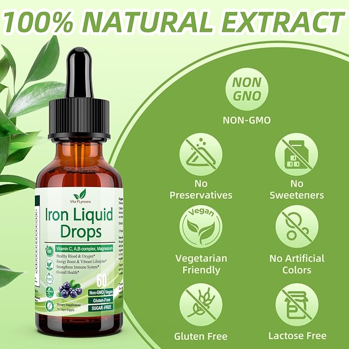 2 Pack Liquid Iron Supplement for Women Men & Kids, Vegan Iron Drops with Vitamin C D, B12, B-Complex, High Potency Liquid Iron with Multivitamin for Anemia, Energy Support, Magnesium Iron Gentle