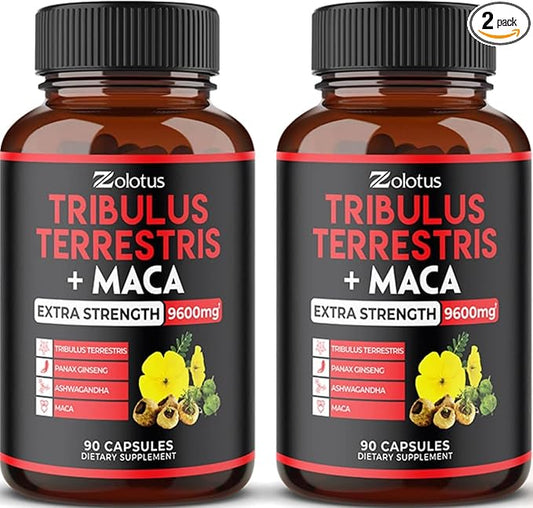 Zolotus 2 Packs Premium Tribulus Terrestris + Maca, 6 Months Supply with Ashwagndha, Ginseng, Boost Energy, Mood, Stamina & Performance, for Men & Women