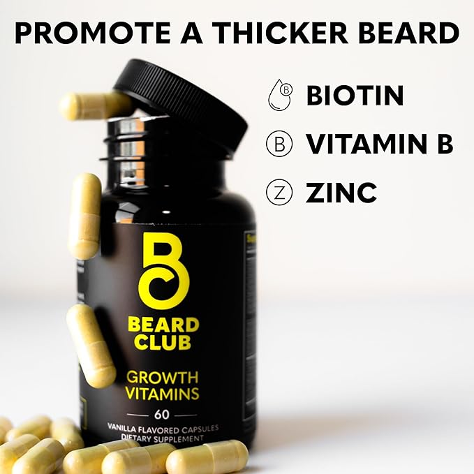 The Beard Club - Beard Growth Vitamins - Support A Thicker Fuller Beard, Fill in Patches - Biotin, Minerals, Multi-Vitamins Help Support and Stimulate Healthier Facial Hair Growth