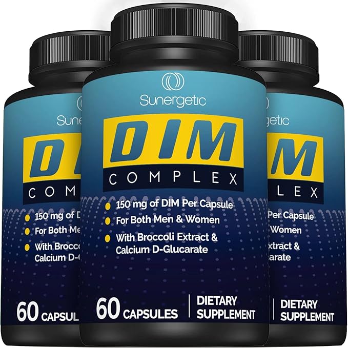 Sunergetic Premium DIM Supplement– 150mg DIM (diindolylmethane), Broccoli, Calcium D-Glucarate & Bioperine- DIM Capsules for Men & Women–DIM Complex for Menopause Support & Balance - 60 DIM Capsules