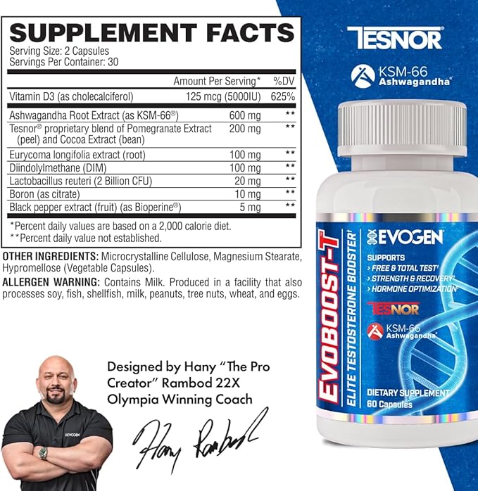 Evogen Evoboost-T - Elite Testosterone Booster for Men | Testosterone Supplement for Men Supporting Free & Total Testosterone, Strength, & Hormone Optimization | Ashwagandha, Tesnor, DIM | 60 Capsules