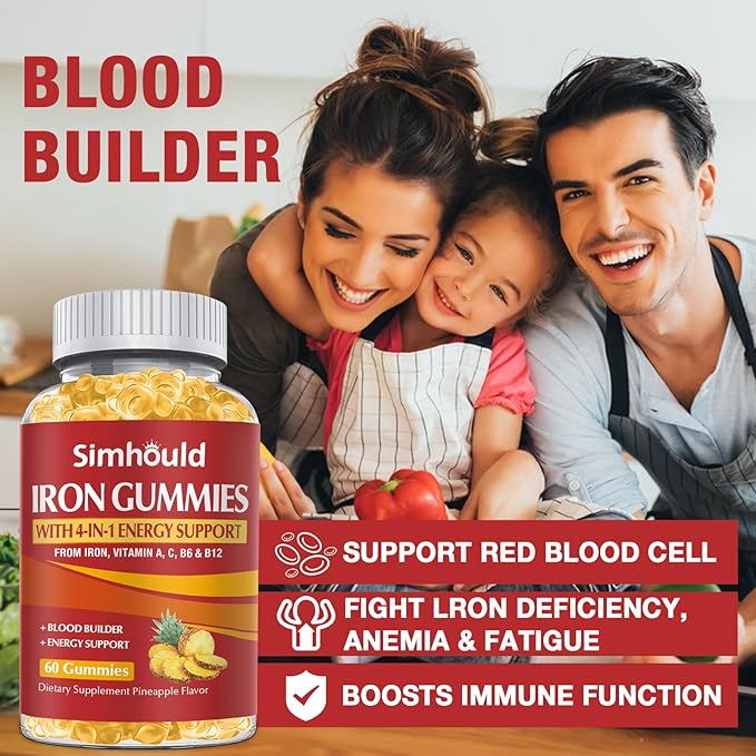 2 Pack Vegan 80MG Iron Supplement Gummies for Women & Men - Vitamin A, C, B for Adults & Kids - Blood Builder & Energy Support for Iron Deficiency, Anemia, 120 Counts Pineapple Flavor Gummies