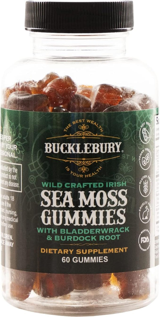 Wild Crafted Irish Sea Moss Gummies with Bladderwrack & Burdock Root - Chewable Natural Multivitamin Vegan Gummies for Immune, Thyroid, Digestive, and Gut Support - 60 Gummies