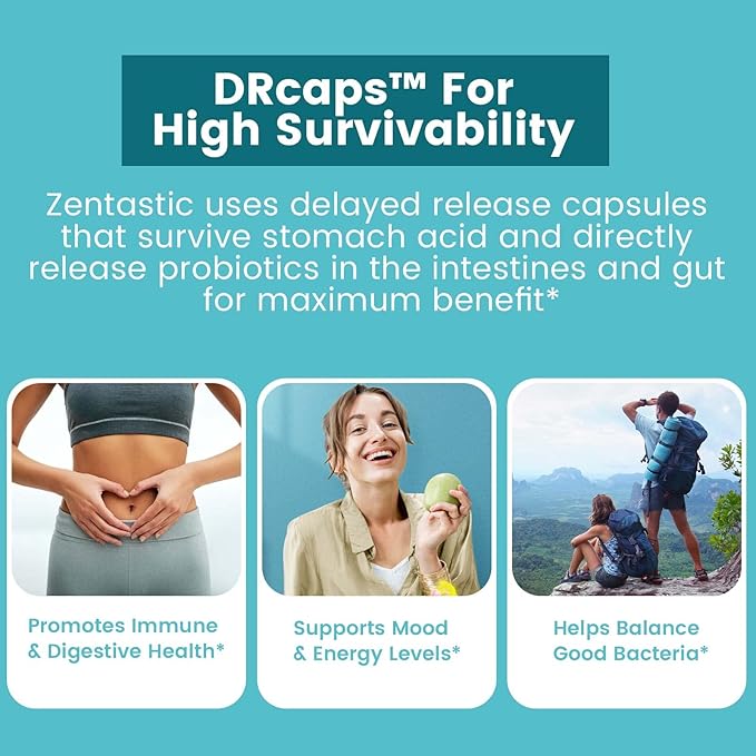 Zentastic Probiotics & Prebiotics Supplement - 50 Billion CFU - for Men & Women’s Immune & Digestive Health - 16 Strains - Shelf Stable - 120 Delayed Release Veggie Capsules