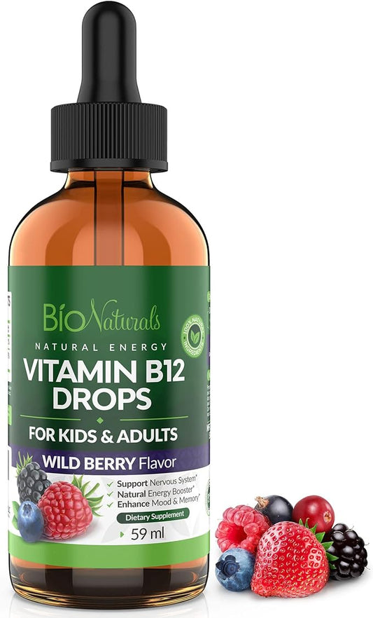 Bio Naturals Vitamin B12 Liquid Drops for Adults & Kids - 100% Natural Sublingual Methylcobalamin - Highest Absorption - Energy & Brain Booster Helps with Fatigue & Weakness - Wild Berry - 2 fl oz