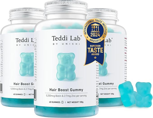 Unichi Hair Boost Gummy 3-Pack, 5200mcg Biotin Formulated with Zinc, Pantothenic Acid and Vitamin A, C, E for Stronger and Thicker Hair, Great Tasting with Sea Salt & Green Grape Flavour, 180 Count